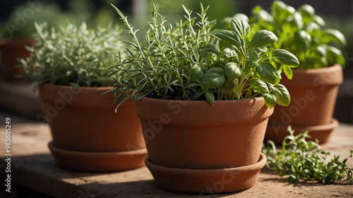 Wallpaper Mural Fresh herbs growing in clay planter background Torontodigital.ca