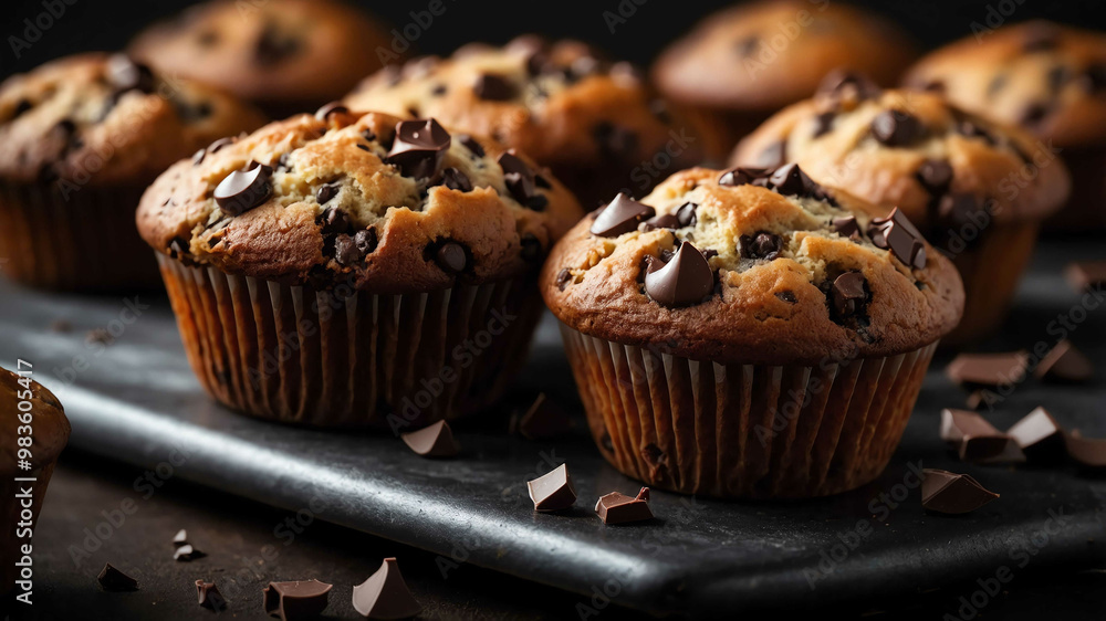 Freshly baked chocolate chip muffins background Freshly baked chocolate chip muffins background