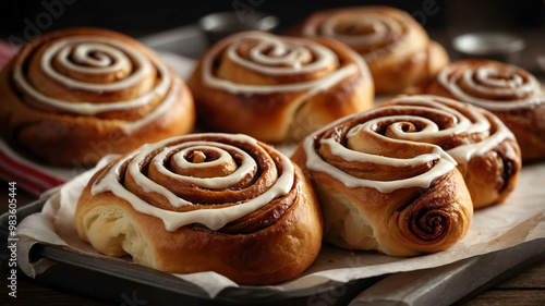 Freshly baked cinnamon rolls on tray background