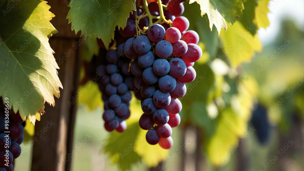 Fototapeta premium Grapes hanging from vine trellis background