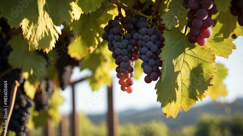 Grapes hanging from vine trellis background photo