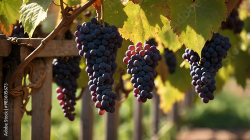 Grapes hanging from vine trellis background photo