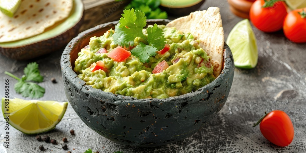 Zesty homemade guacamole served as a flavorful appetizer alongside tortilla chips. Zesty homemade guacamole served as a flavorful appetizer alongside tortilla chips.
