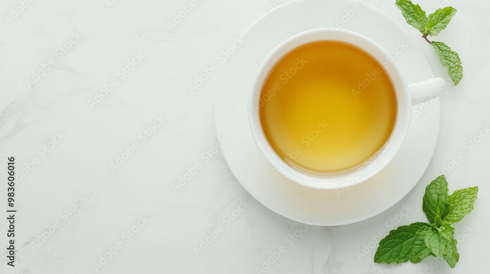 Freshly brewed herbal tea with sprig of mint, served in white cup on light marble surface, evokes sense of calm and relaxation Freshly brewed herbal tea with sprig of mint, served in white cup on light marble surface, evokes sense of calm and relaxation