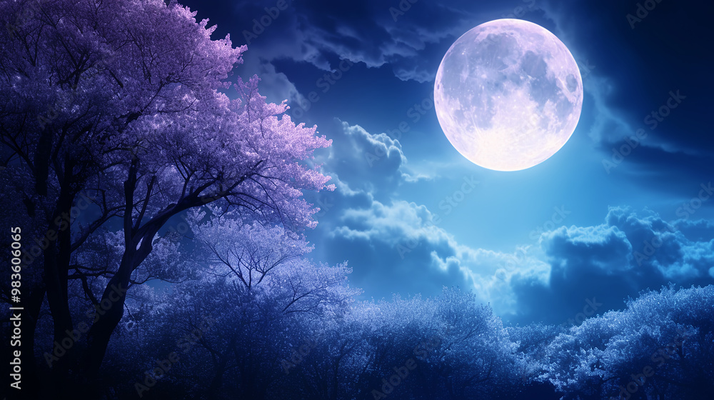 Fototapeta premium cherry blossoms, japanese painting, beautiful, japan, japanese design, japanese art, moon, fantastic, modern, mt. fuji, japanese pattern, traditional, typical, sumi-e, ink painting, gentle, calm, dign