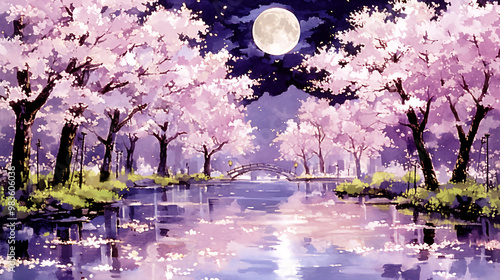 cherry blossoms, japanese painting, beautiful, japan, japanese design, japanese art, moon, fantastic, modern, mt. fuji, japanese pattern, traditional, typical, sumi-e, ink painting, gentle, calm, dign