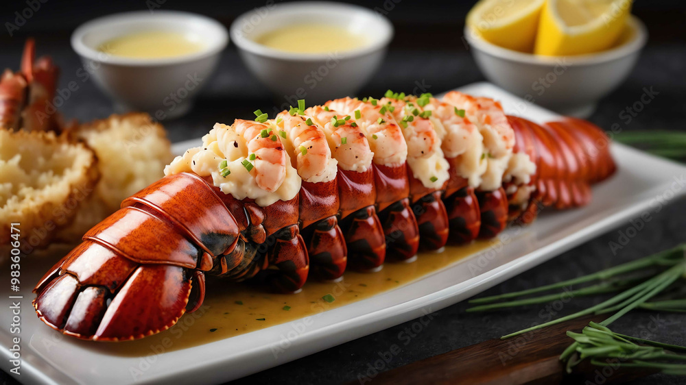 Lobster tail with butter dipping sauce background Lobster tail with butter dipping sauce background
