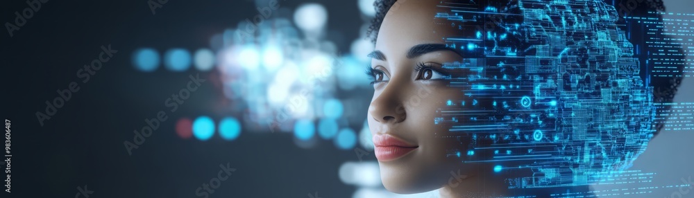 A close-up of a woman with digital elements, symbolizing technology and innovation in artificial intelligence and data processing. A close-up of a woman with digital elements, symbolizing technology and innovation in artificial intelligence and data processing.