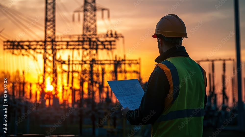 Electrical Engineer Inspecting Power Transmission Lines at Sunset Electrical Engineer Inspecting Power Transmission Lines at Sunset