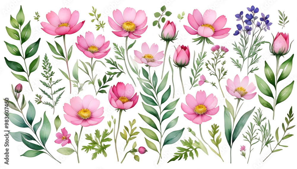 custom made wallpaper toronto digitalfoliage floral set flowers painted greenery leaves pink elements hand watercolor wild design flower wildflower isolated background element plant white art tree branch green leaf hand-painted