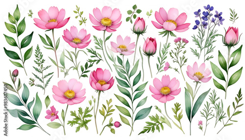 Wallpaper Mural foliage floral set flowers painted greenery leaves pink elements hand watercolor wild design flower wildflower isolated background element plant white art tree branch green leaf hand-painted Torontodigital.ca