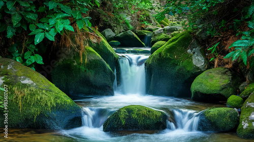 Waterfall Flowing Over Mossy Rocks in Lush Green Forest. Nature Landscape Photography