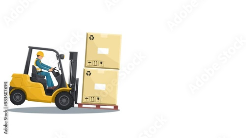 Animation of dangers of driving a forklift. Industrial worker in an accident with boxes falling on the fork lift truck. Work accident in a warehouse. Industrial Safety and Occupational Health