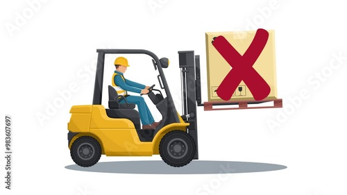 Animation of do not drive with the forks raised or with a elevated load. Safety in handling a fork lift truck. Security First. Accident prevention at work. Industrial Safety and Occupational Health