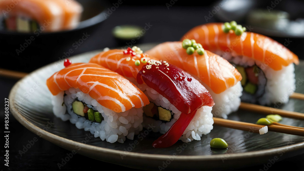 Plate of sushi with chopsticks background Plate of sushi with chopsticks background