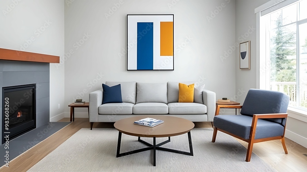A modern living room features a gray sofa, stylish chairs, a round coffee table, and colorful artwork, complemented by natural light and a minimalist design. A modern living room features a gray sofa, stylish chairs, a round coffee table, and colorful artwork, complemented by natural light and a minimalist design.