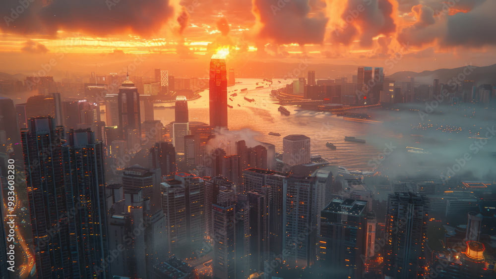 Sunset view over a bustling city skyline with towering skyscrapers and clouds glowing with the evening light. Sunset view over a bustling city skyline with towering skyscrapers and clouds glowing with the evening light.