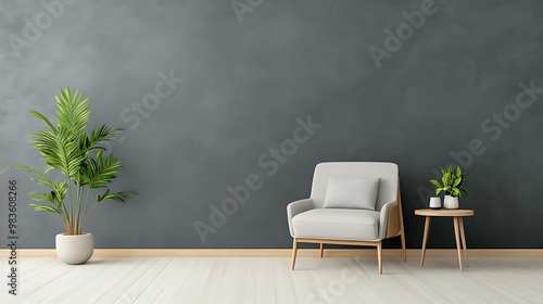 A modern living space featuring a grey wall, a cozy chair, and plants on a side table, creating a serene and minimalistic atmosphere.