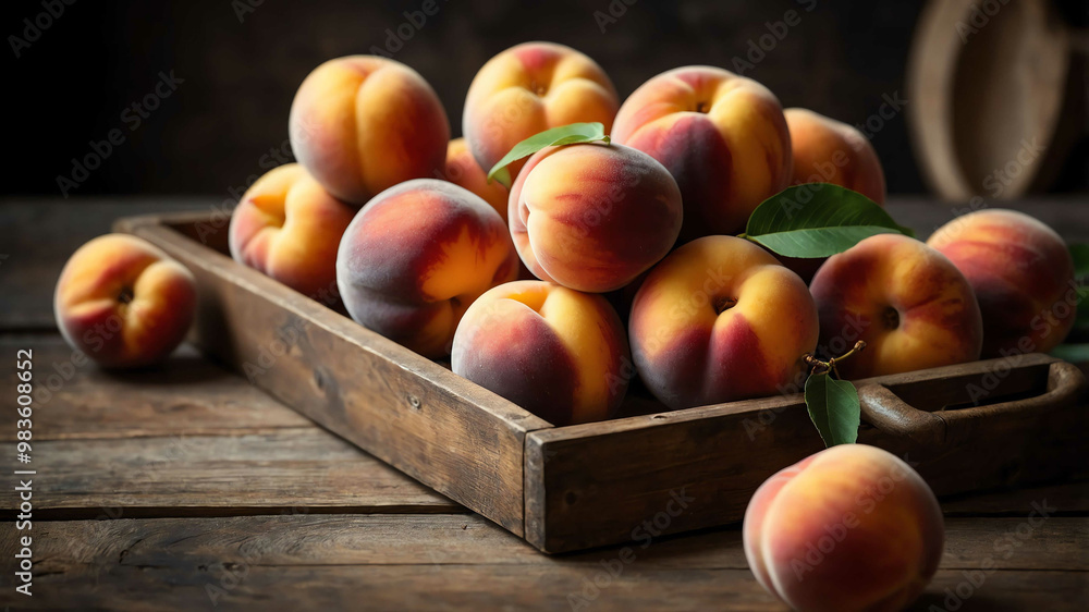 Ripe peaches on rustic tray background Ripe peaches on rustic tray background