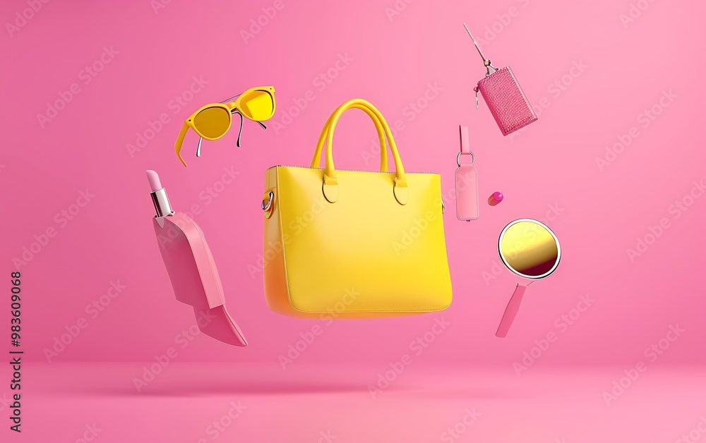 Obraz premium Women's handbag, sunglasses, nail polish, lipstick and orange on pink background