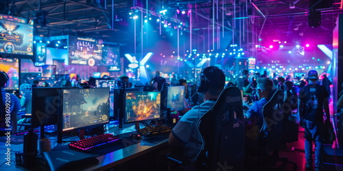 Game expo, world division, gaming industry event or gaming competition amusement, with many live-action players. entertainment conference. hand-edited generative AI. 