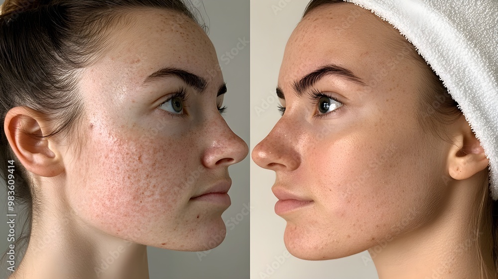 Close-up before-and-after photos in a testimonial, showing dramatic improvement in blackhead removal with chemical exfoliation, Realistic, High Detail, Soft Lighting Close-up before-and-after photos in a testimonial, showing dramatic improvement in blackhead removal with chemical exfoliation, Realistic, High Detail, Soft Lighting