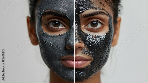 Close-up before-and-after post featuring the instant impact of a charcoal mask, removing blackheads and leaving skin smooth and poreless photo