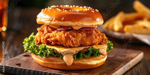 Crispy chicken patty nestled in a donut-style bun, topped with gooey melted cheese and a zesty dressing. photo