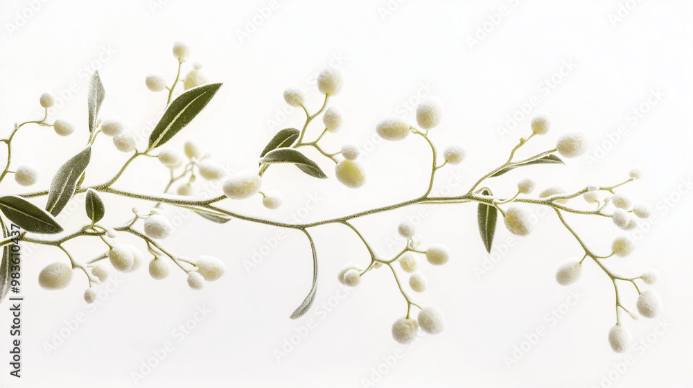 a mistletoe branch accented with frosted white berries against an isolated white background a mistletoe branch accented with frosted white berries against an isolated white background