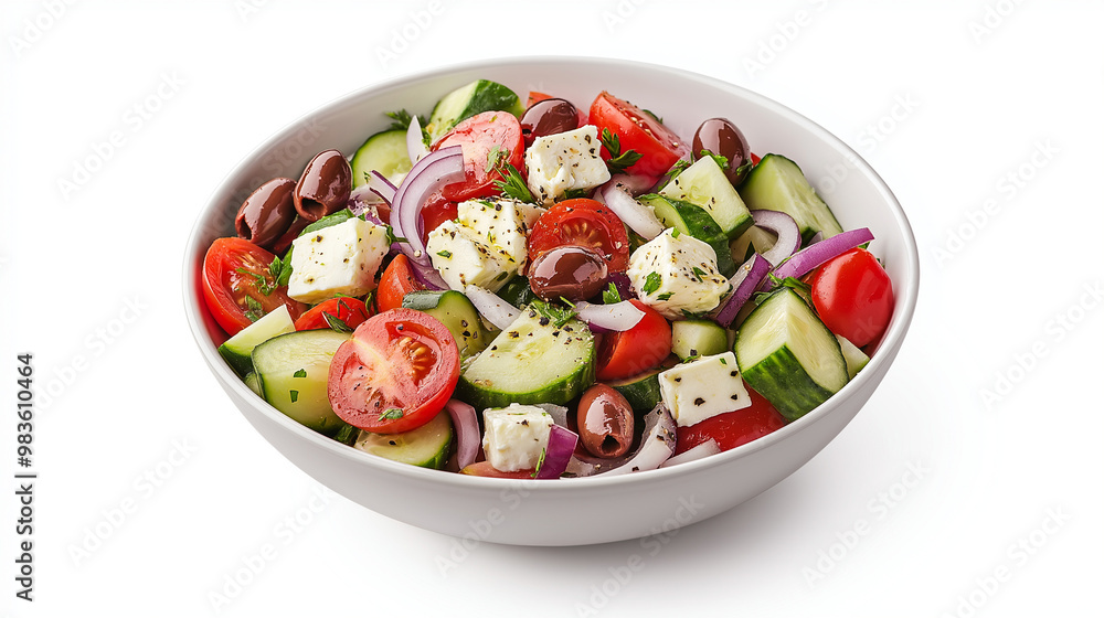 a bowl of greek salad with cucumber, tomatoes, kalamata olives, red onion, and feta cheese against an isolated white background a bowl of greek salad with cucumber, tomatoes, kalamata olives, red onion, and feta cheese against an isolated white background
