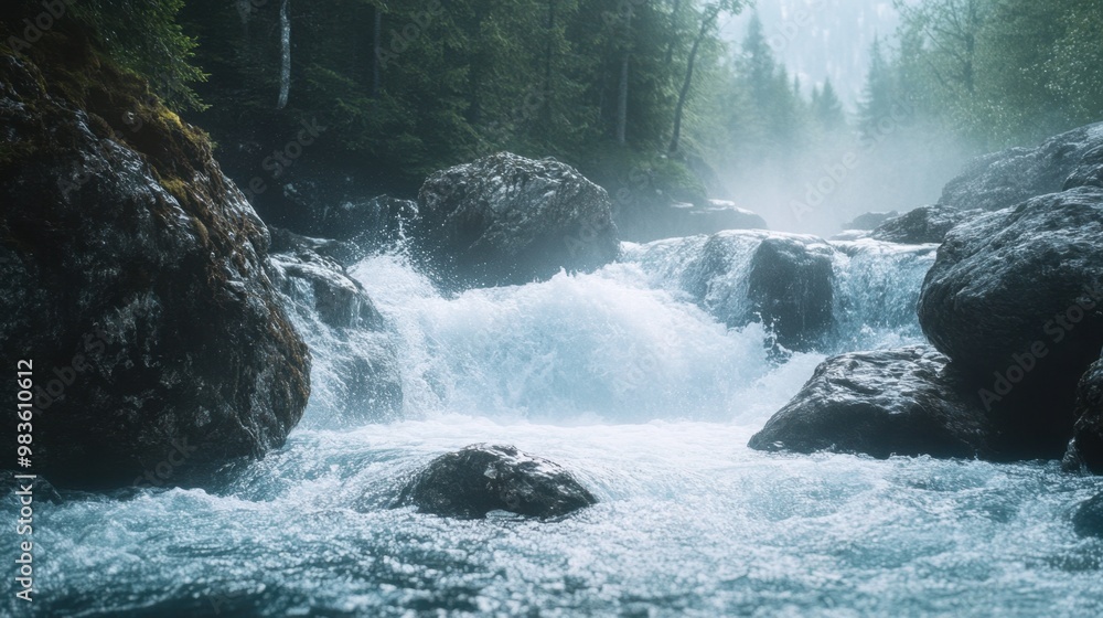 Obraz premium A mountain river cascading over rocks, with water splashing and mist rising in the crisp air.