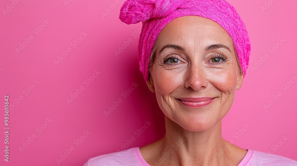 Cheerful woman with pink headscarf smiles confidently against a vibrant pink background, showcasing beauty and positivity. Cheerful woman with pink headscarf smiles confidently against a vibrant pink background, showcasing beauty and positivity.
