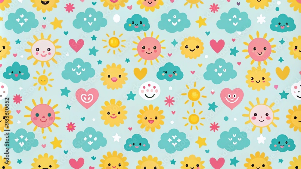 Seamless pattern with cute sun, clouds, stars and hearts on light blue background. Seamless pattern with cute sun, clouds, stars and hearts on light blue background.