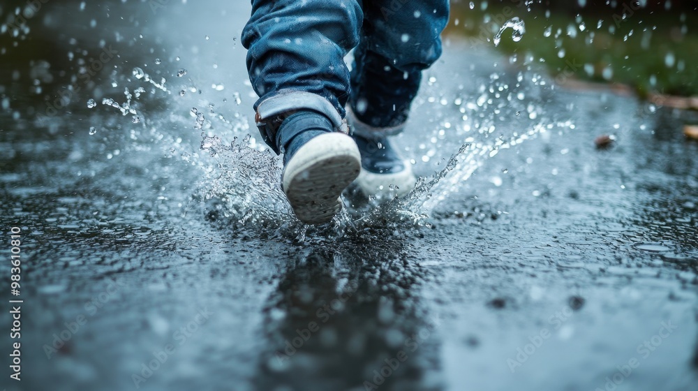 A child stomping in a rain puddle, causing a fun, playful splash with droplets flying. A child stomping in a rain puddle, causing a fun, playful splash with droplets flying.