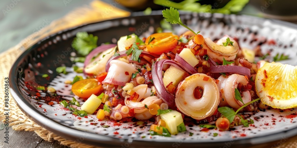 Octopus Ceviche with Red Onion, Tomato, and Lemon Served with a Plantain Chip and Spacious Background for Text Octopus Ceviche with Red Onion, Tomato, and Lemon Served with a Plantain Chip and Spacious Background for Text