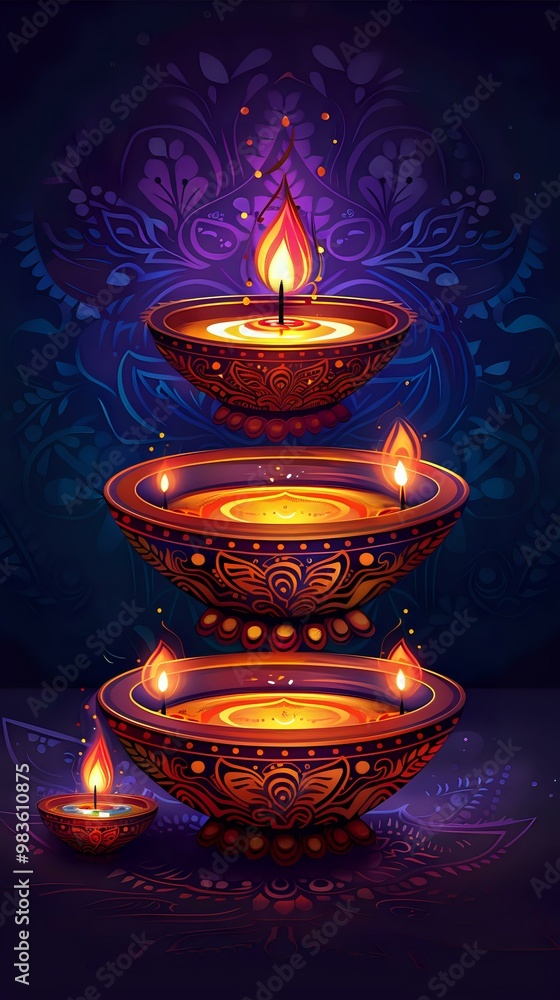 A decorative arrangement of illuminated oil lamps, symbolizing celebration and light. A decorative arrangement of illuminated oil lamps, symbolizing celebration and light.