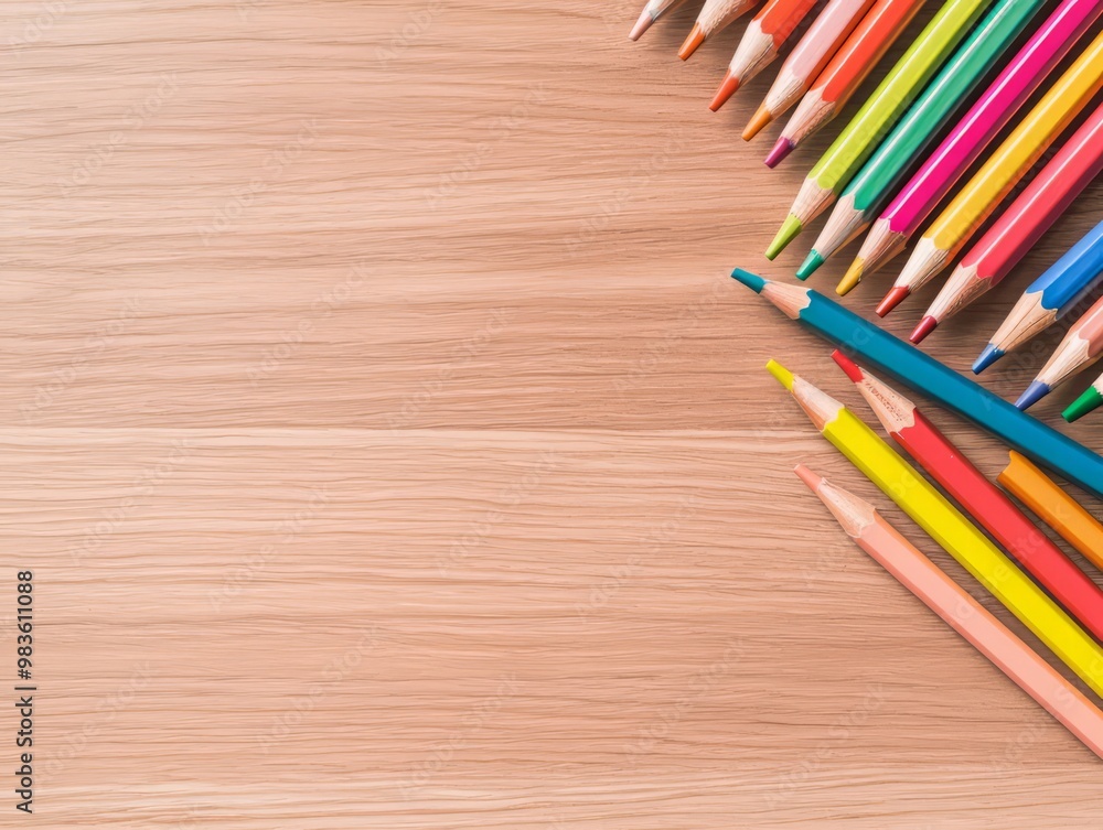 Fototapeta premium Colorful pencils arranged on a wooden background, perfect for artistic and creative projects.