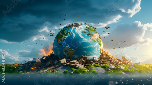 Fototapeta Naklejka Na Ścianę i Meble -  illustration of planet earth burning because of industrial factories that cause pollution and polluted areas, resulting in climate change and the greenhouse effect. suitable for earth day poster