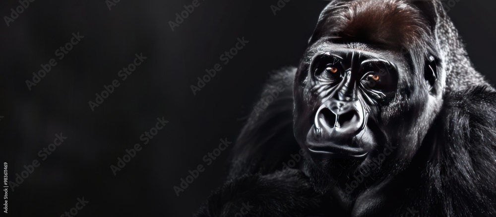 The mountain gorilla's piercing gaze emerges from the darkness creating a captivating and intense portrait The mountain gorilla's piercing gaze emerges from the darkness creating a captivating and intense portrait