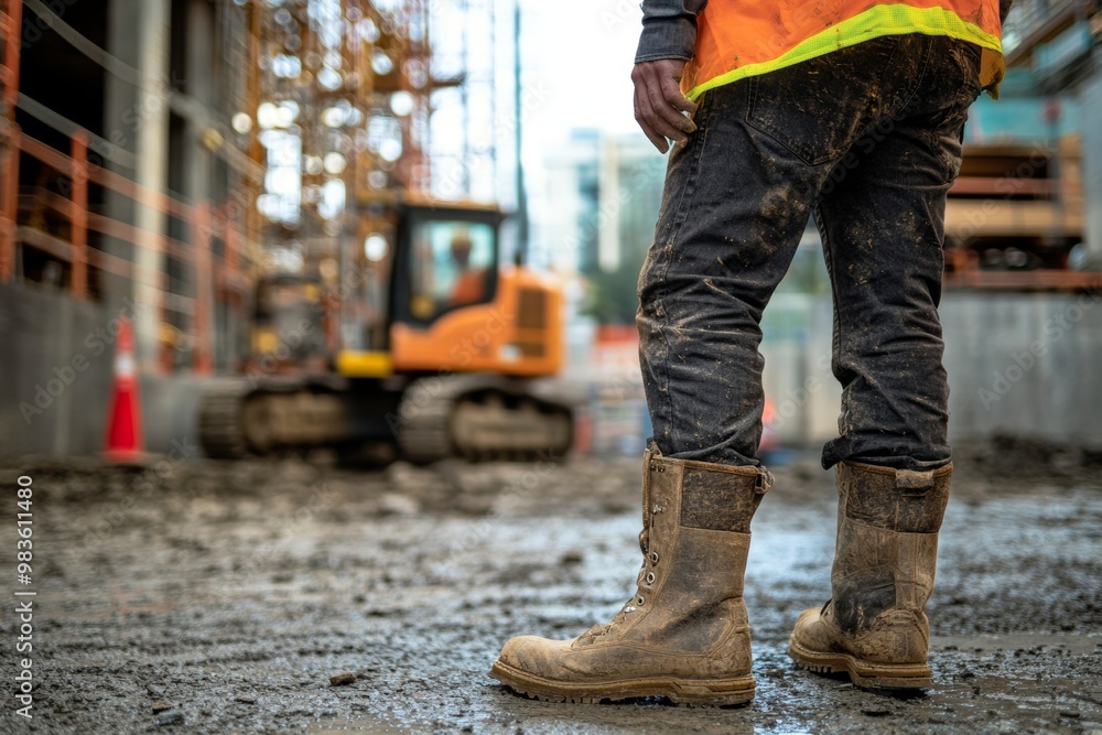 Worker on Construction Site with Safety Gear and Boots Worker on Construction Site with Safety Gear and Boots