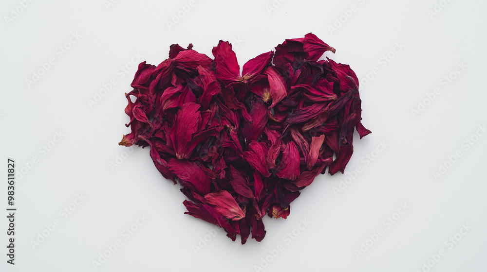 hibiscus tea: a clean, minimalist image with dried hibiscus petals arranged in a heart shape at the center of a pure white background hibiscus tea: a clean, minimalist image with dried hibiscus petals arranged in a heart shape at the center of a pure white background