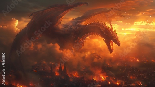 Myth of the Zmey a multiheaded dragon ancient Slavic mythology fiery breath soaring above the village fearsome presence powerful and destructive photo