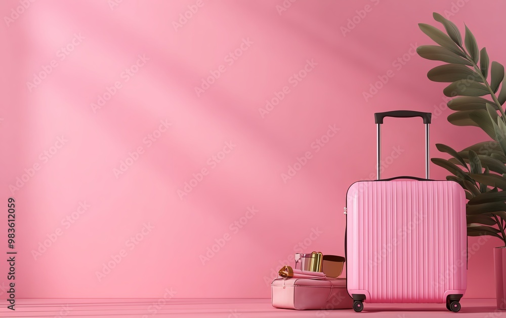 Pink suitcase with travel accessories on pink background with sunlight. Minimalistic and modern travel concept. Pink suitcase with travel accessories on pink background with sunlight. Minimalistic and modern travel concept.