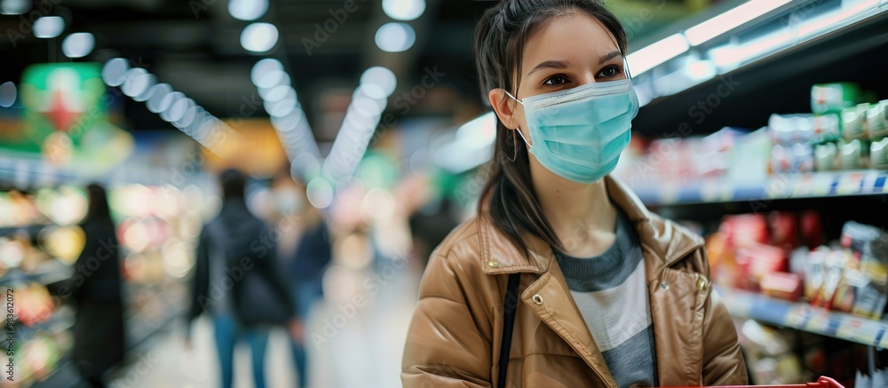 A woman in a medical mask with a shopping basket in a supermarket, people in the background A woman in a medical mask with a shopping basket in a supermarket, people in the background