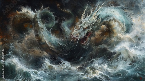 Myth of Tiamat the primordial goddess of the ocean rising from the waters ancient Mesopotamian myth swirling sea serpents chaos and creation photo