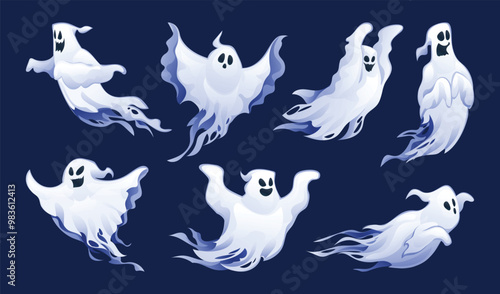 Set of spooky ghost characters in different flying poses. Vector cartoon illustration