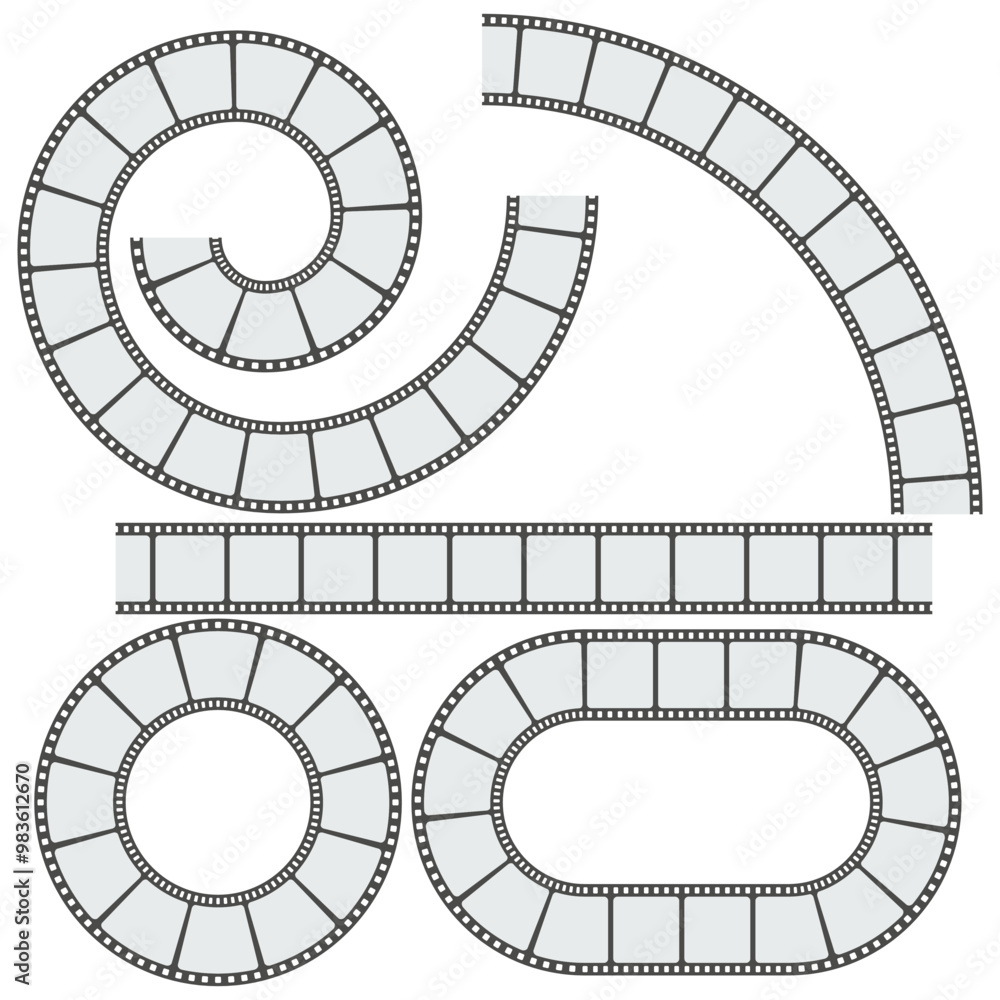 Fototapeta premium Filmstrip vector set. Spiral and oval frames. Curved movie reels. Cinematic graphic elements.