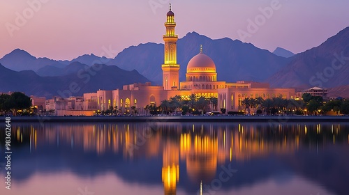 Sunset over a Grand Mosque in the Middle East photo