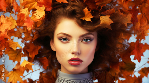 Beautiful model with autumn leaves