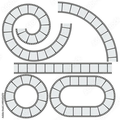 Filmstrip vector set. Spiral and oval frames. Curved movie reels. Cinematic graphic elements.